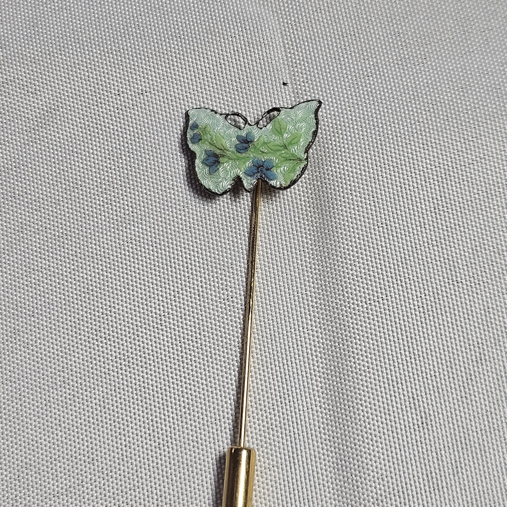 Vtg Green Butterfly Stick Pin Guilloche Enamel Brooch Gold Tone Blue Flowers